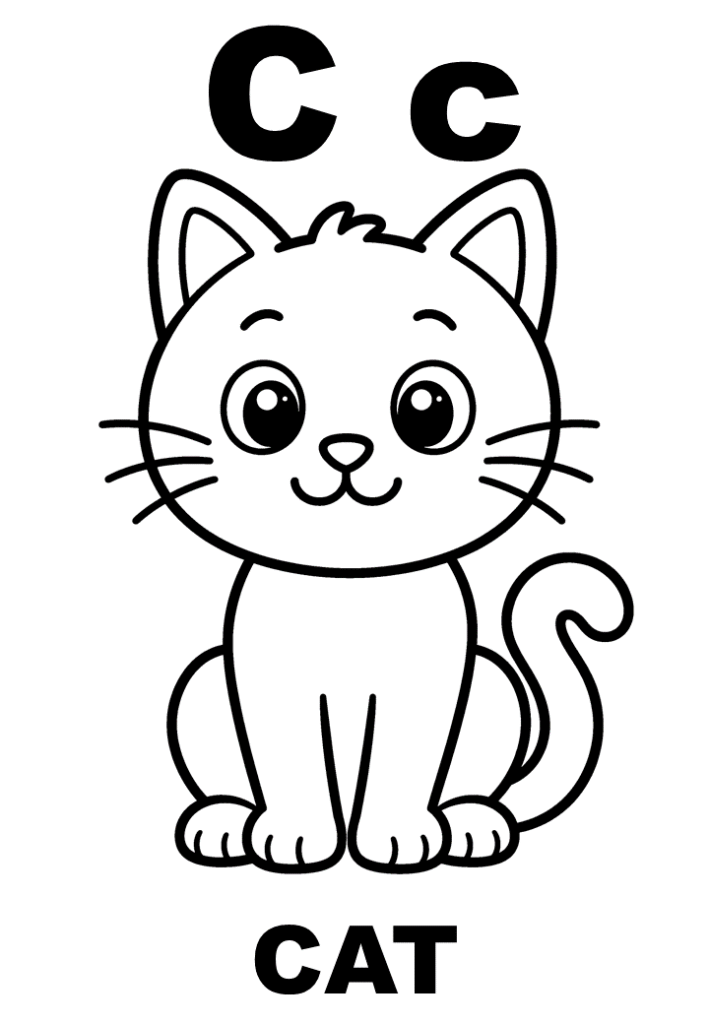 Tranh tô màu chữ C và con mèo Cat, in A4 cho bé