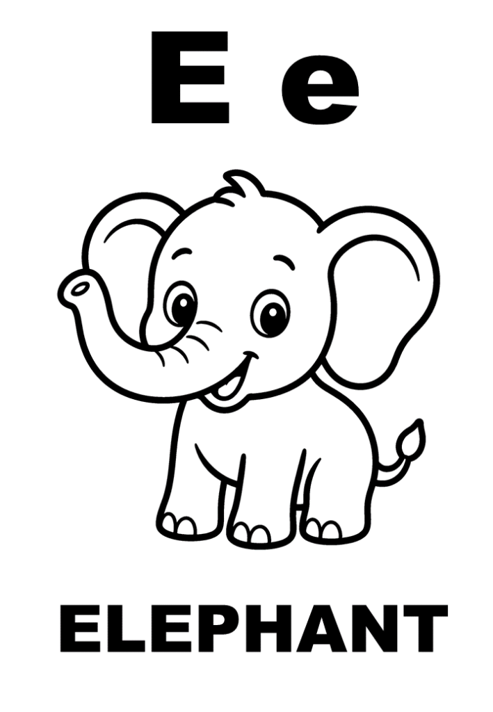 Tranh tô màu chữ E và con voi Elephant, in A4 cho bé