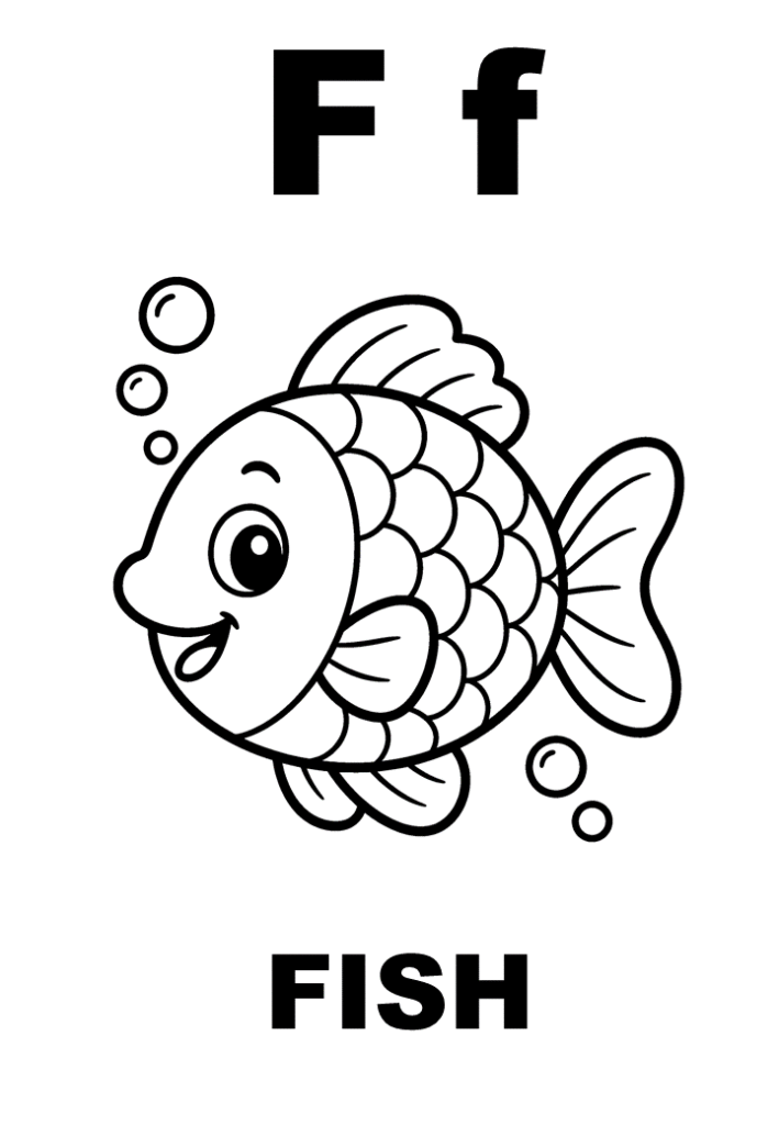 Tranh tô màu chữ F và con cá Fish, in A4 cho bé