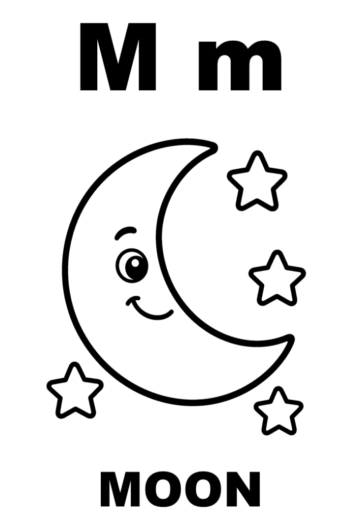 Tranh tô màu chữ M và mặt trăng Moon, in A4 cho bé
