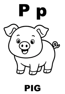 Tranh tô màu chữ P và con lợn Pig, in A4 cho bé