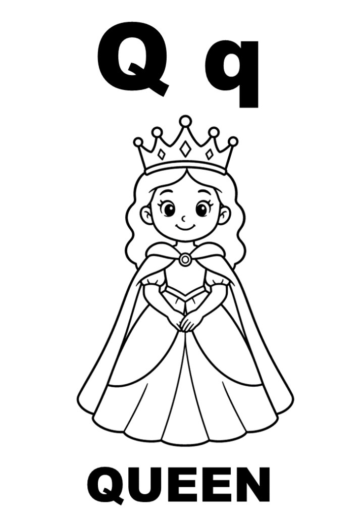 Tranh tô màu chữ Q và nữ hoàng Queen, in A4 cho bé