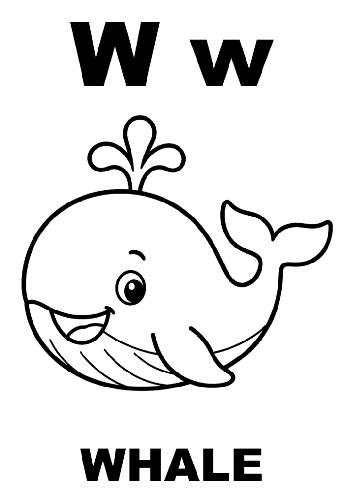 Tranh tô màu chữ W và cá voi Whale, in A4 cho bé