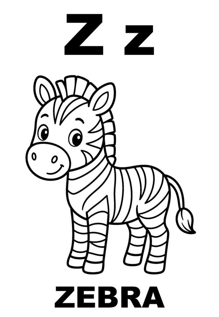 Tranh tô màu chữ Z và ngựa vằn Zebra, in A4 cho bé