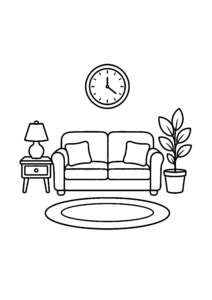 Tranh tô màu phòng khách với sofa, đèn và đồng hồ, học tiếng Anh